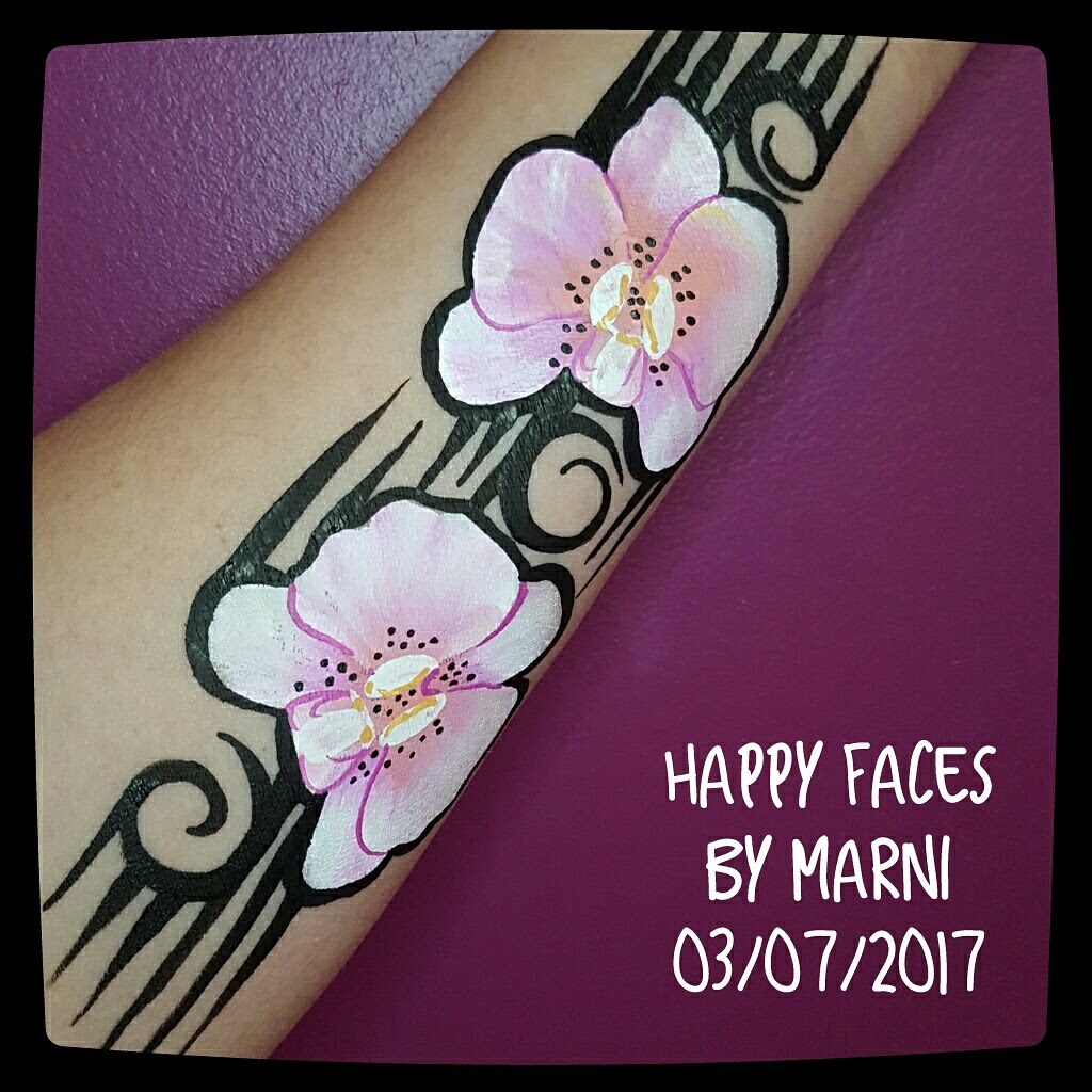 Orchid Body Art face paint design by Happy Faces by Marni, Calgary